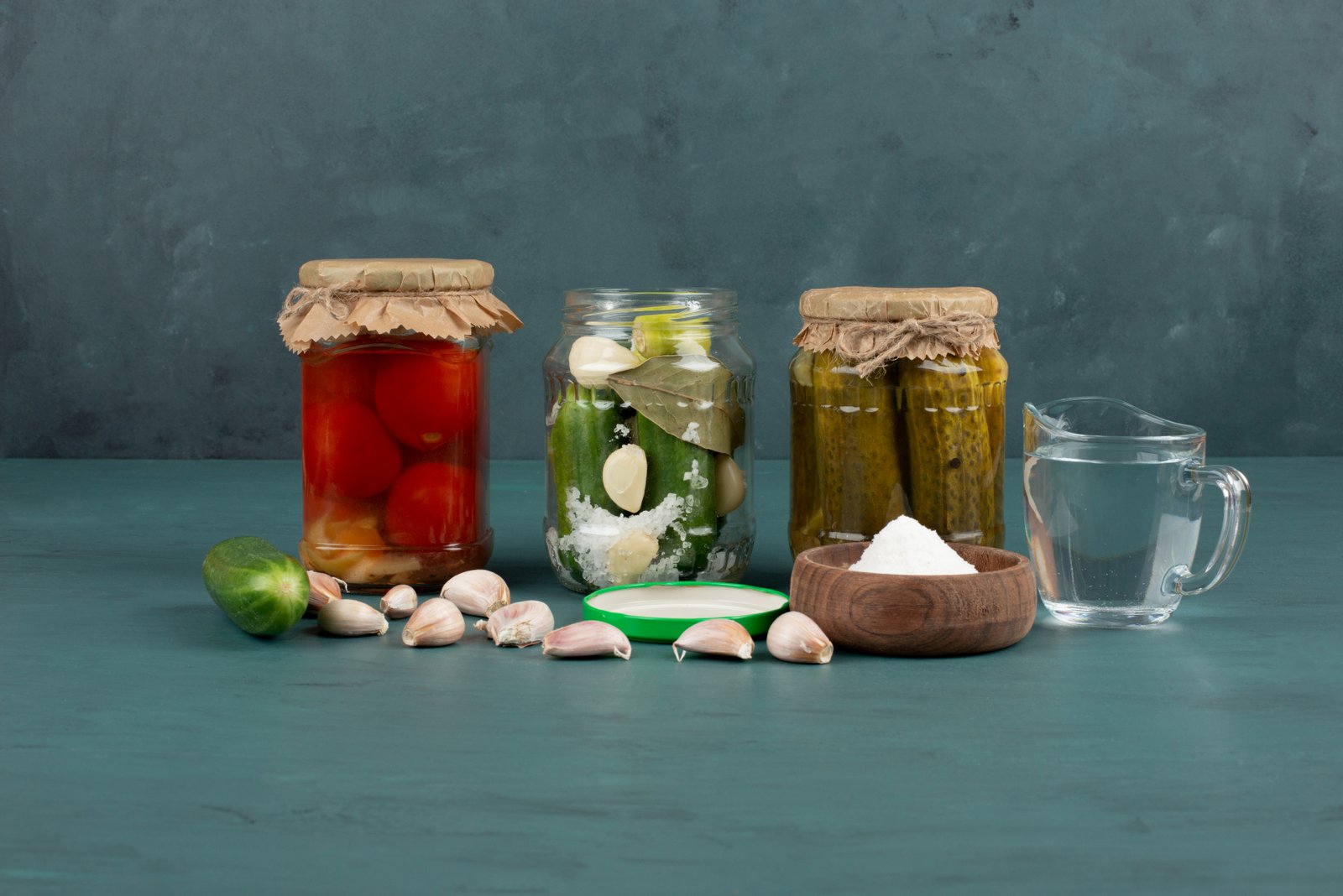pickled-vegetables-glass-jar-salt-bowl-blue-surface-with-fresh-garlic