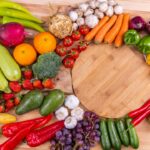 Fresh raw fruits and vegetables that support healthy skin through diet