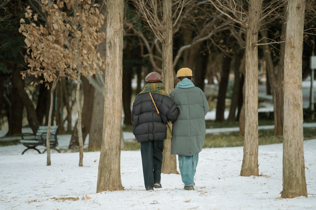 Two people walking arm in arm in a snowy park during winter